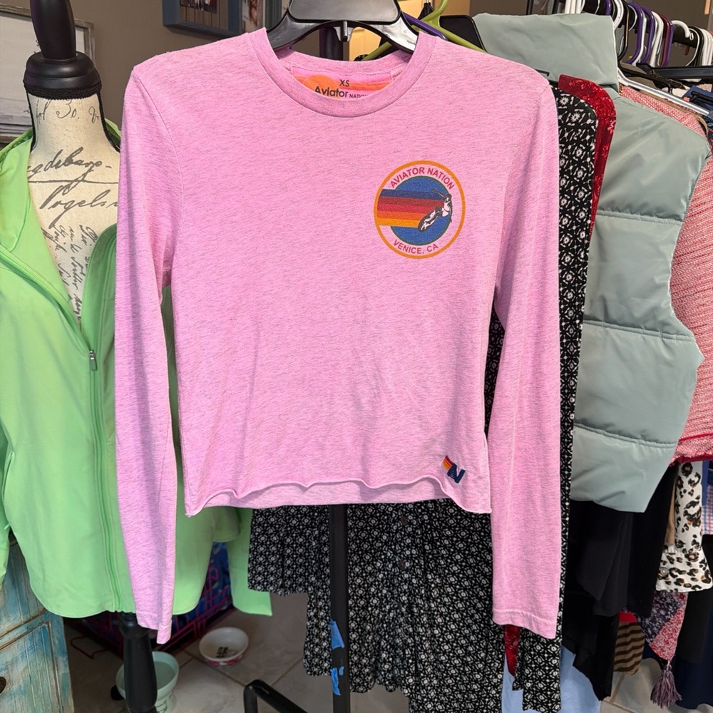 Aviator Nation Pink Long-Sleeve Cropped Tee with Rainbow Logo